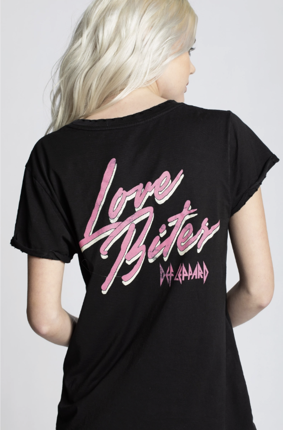 Black t-shirt with pink 'Love Biter' text on a plain background