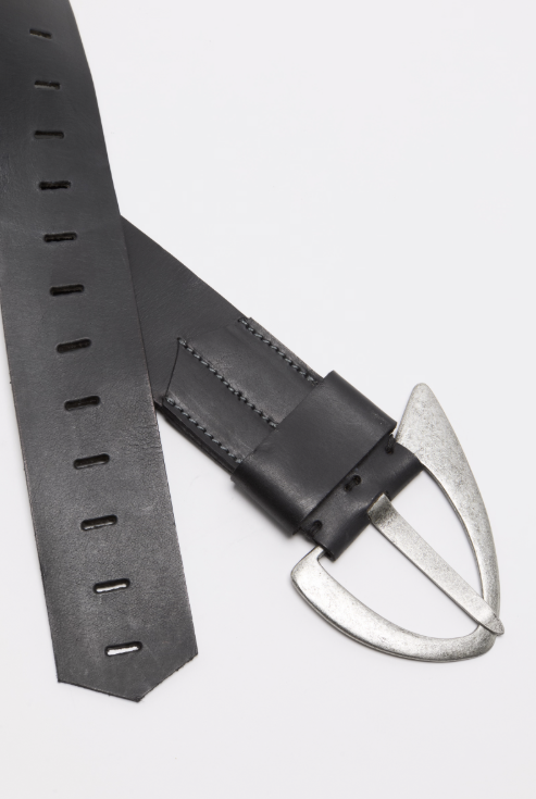 Black leather watch strap with silver buckle on a light gray background
