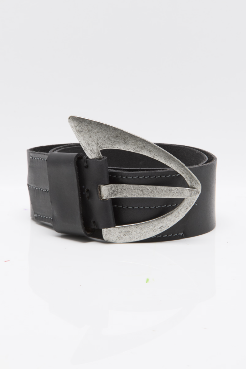 Black leather belt with a large silver buckle on a white background