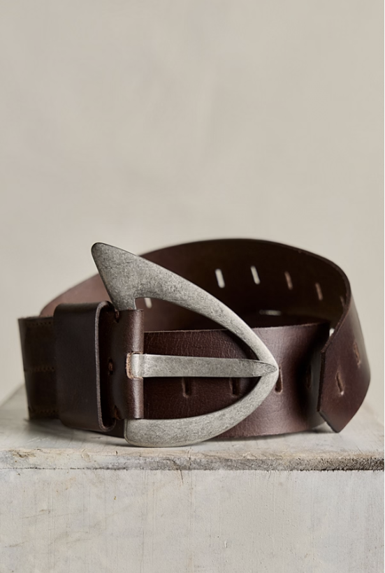 Brown leather belt with a silver buckle on a light gray background