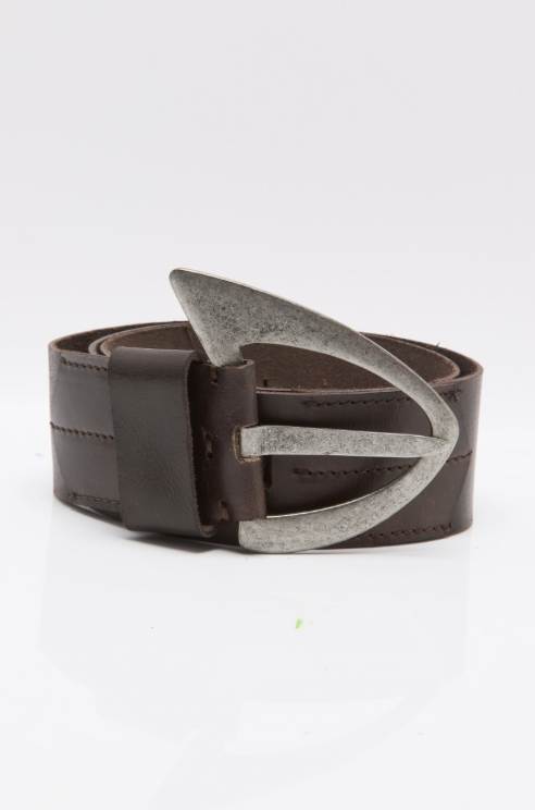 Brown belt with a large metallic buckle on a white background