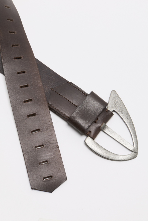 Brown leather belt with a silver buckle on a white background