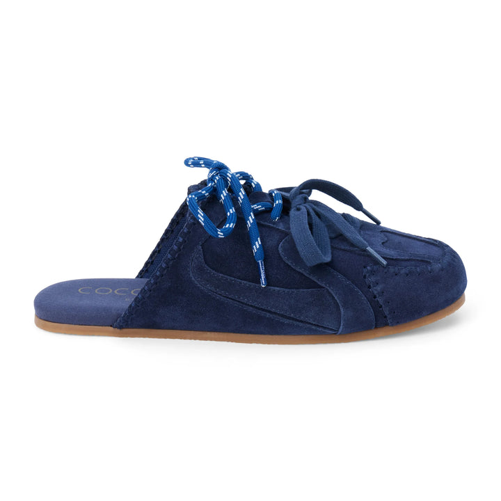Blue suede shoe with blue laces on a white background
