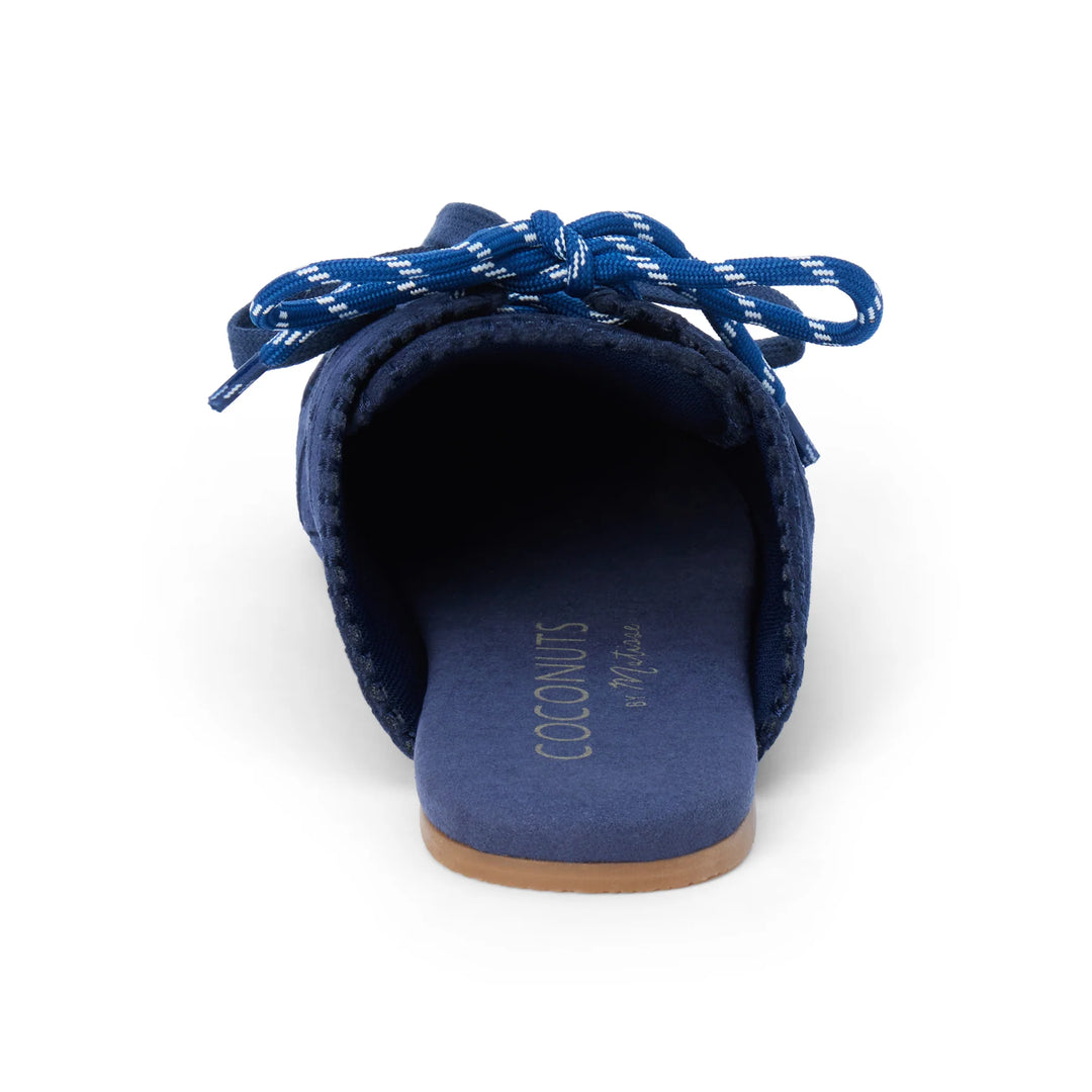Blue slipper with white laces on a white background