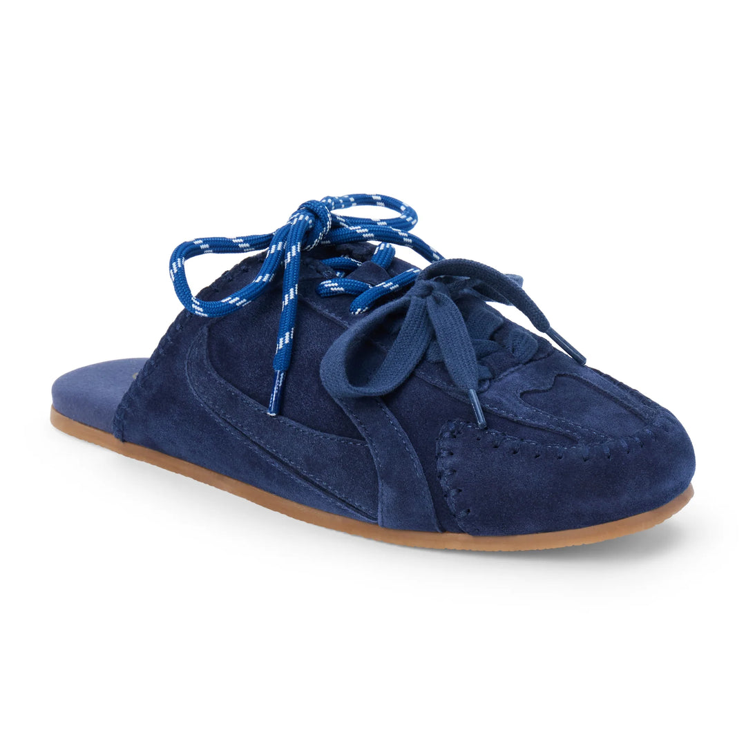 Blue suede shoe with blue laces on a white background