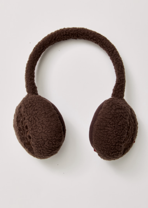 Brown plush fleece ear warmers on plain background