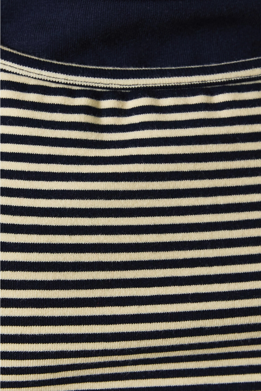 Close-up of a navy and yellow striped fabric texture