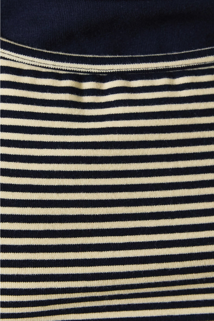 Close-up of a navy and yellow striped fabric texture