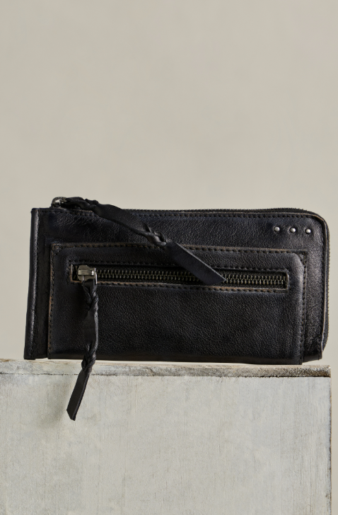 Black wallet with zipper sitting on plain background