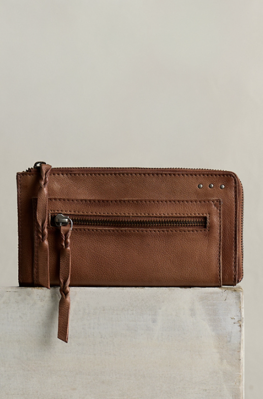 Brown leather wallet with zipper sitting on plain background