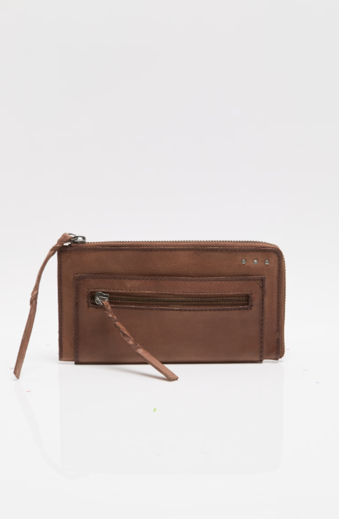 Brown leather wallet with zipper sitting on plain background