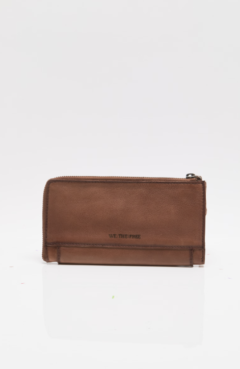 A brown leather zip-around wallet with &