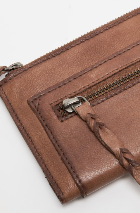 Close-up of a brown leather wallet with a zipper on a white background