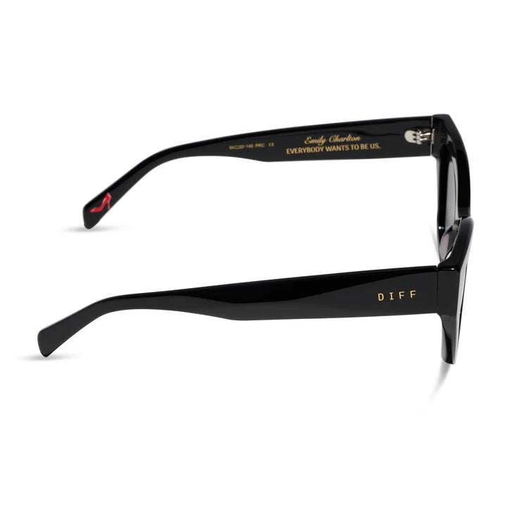 Black acetate square-frame sunglasses with gold lettering on the temples, shown from a side profile view on a white background.
