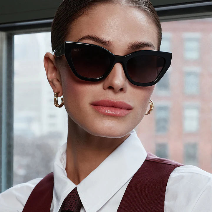 Woman wearing dark sunglasses with a blurred cityscape background