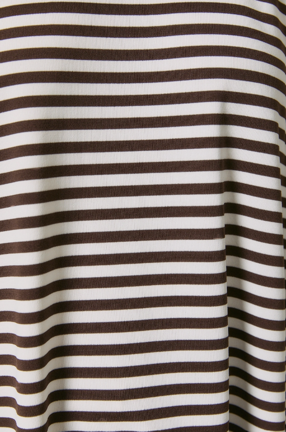 A close-up of a horizontally striped fabric with alternating dark brown and off-white stripes.