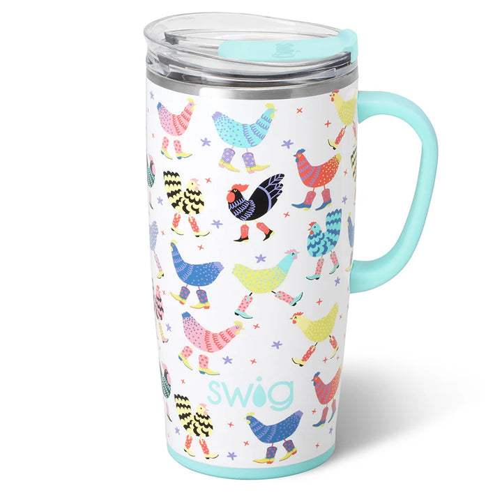 A white insulated travel tumbler with a colorful pattern of cartoon chickens in various poses and a light blue handle, shown on a white background.