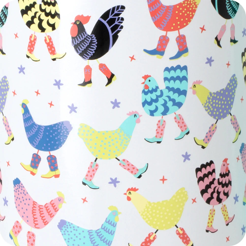 Colorful pattern of chickens and roosters on a white background