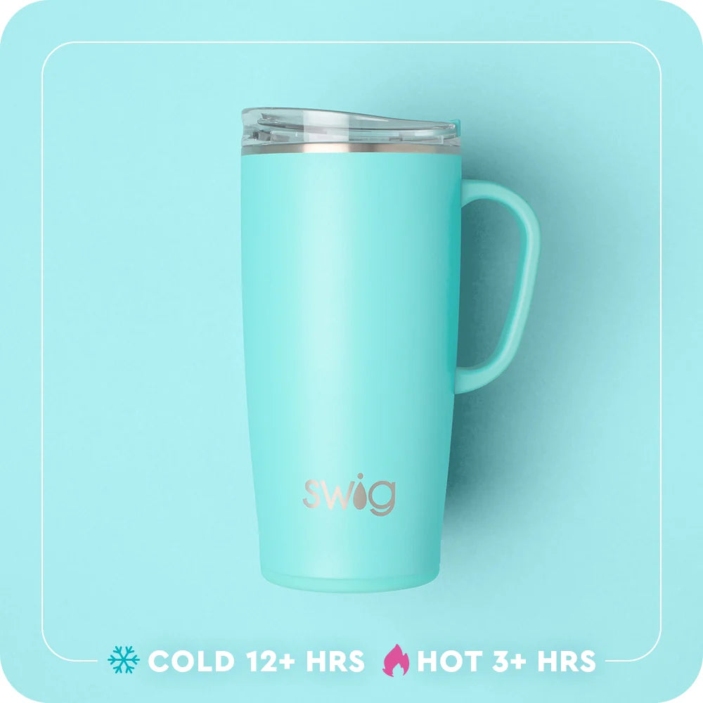A light aqua insulated travel tumbler with a handle and clear lid, featuring the &