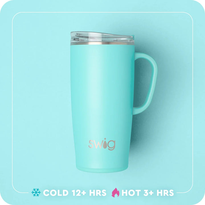 A light aqua insulated travel tumbler with a handle and clear lid, featuring the &