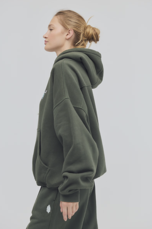 Person wearing a green hoodie on a plain background
