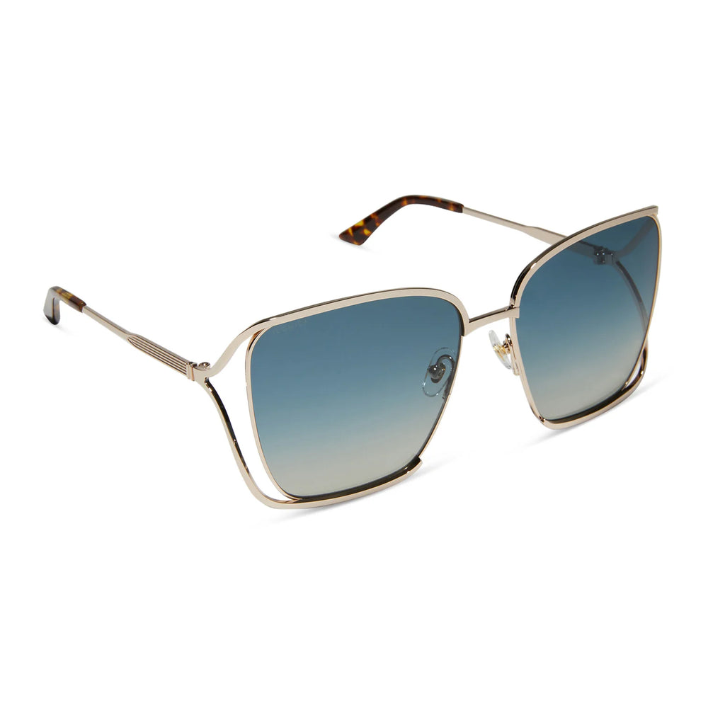 Sunglasses with gold frame and blue gradient lenses on a white background