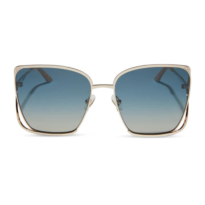 Gold-framed sunglasses with blue gradient lenses on a white background