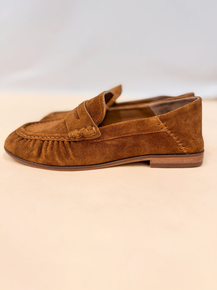 Pair of brown suede loafers on plain background