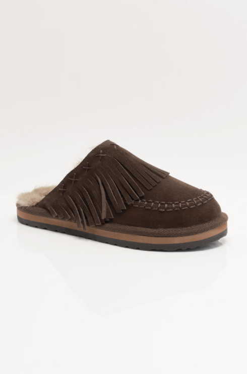 Brown suede fringe mule on white background
