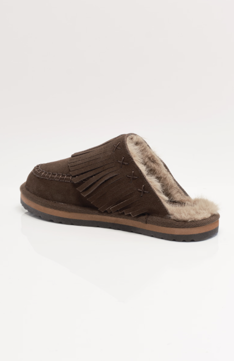 Brown suede fringe mule with fur inner on white background