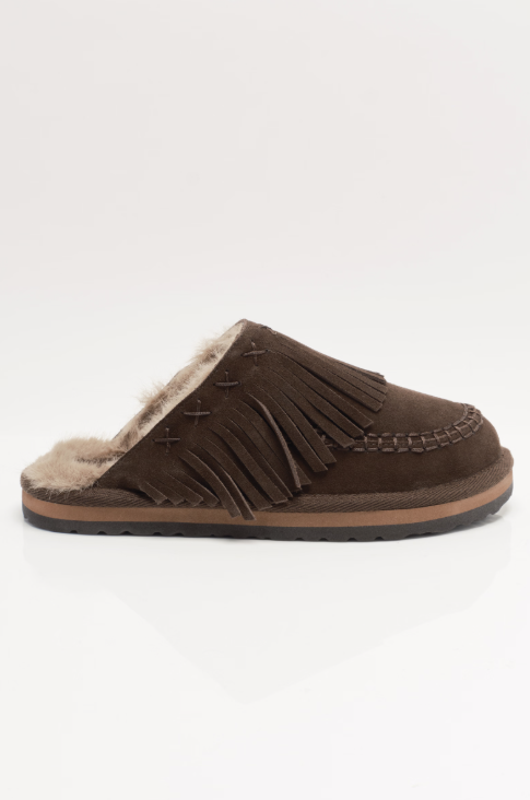 Brown suede fringe mule with fur inner on white background