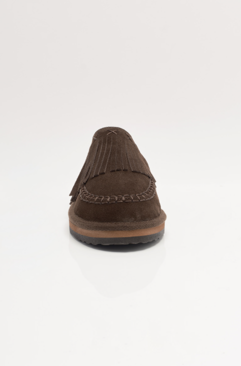 Brown suede fringe mule on white background