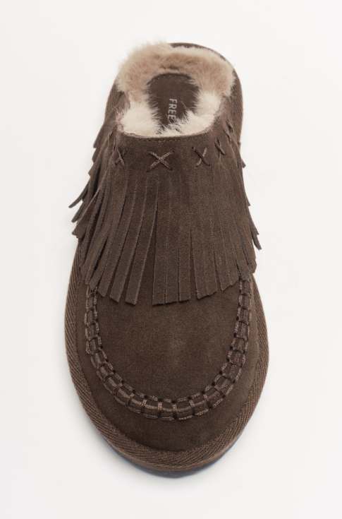 A single brown suede slipper boot with fringe detailing and a light beige faux fur lining, shown from a top-down view on a white background.