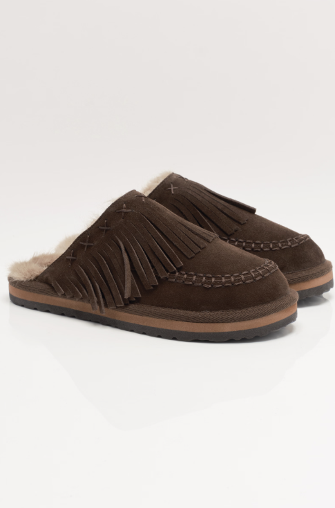 Pair of brown suede fringe mules on white background