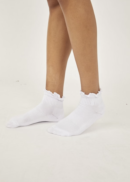 Person wearing white ankle length ruffle socks on plain background