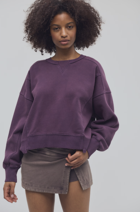 Woman wearing purple sweatshirt with brown skirt on plain background