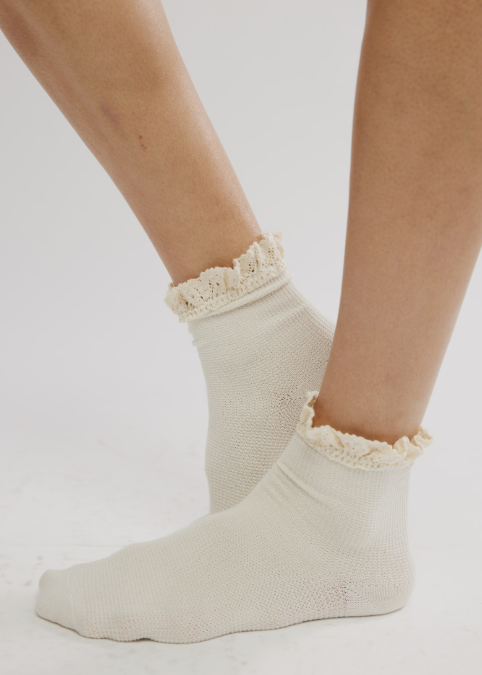 Person wearing white ankle length ruffle socks on plain background