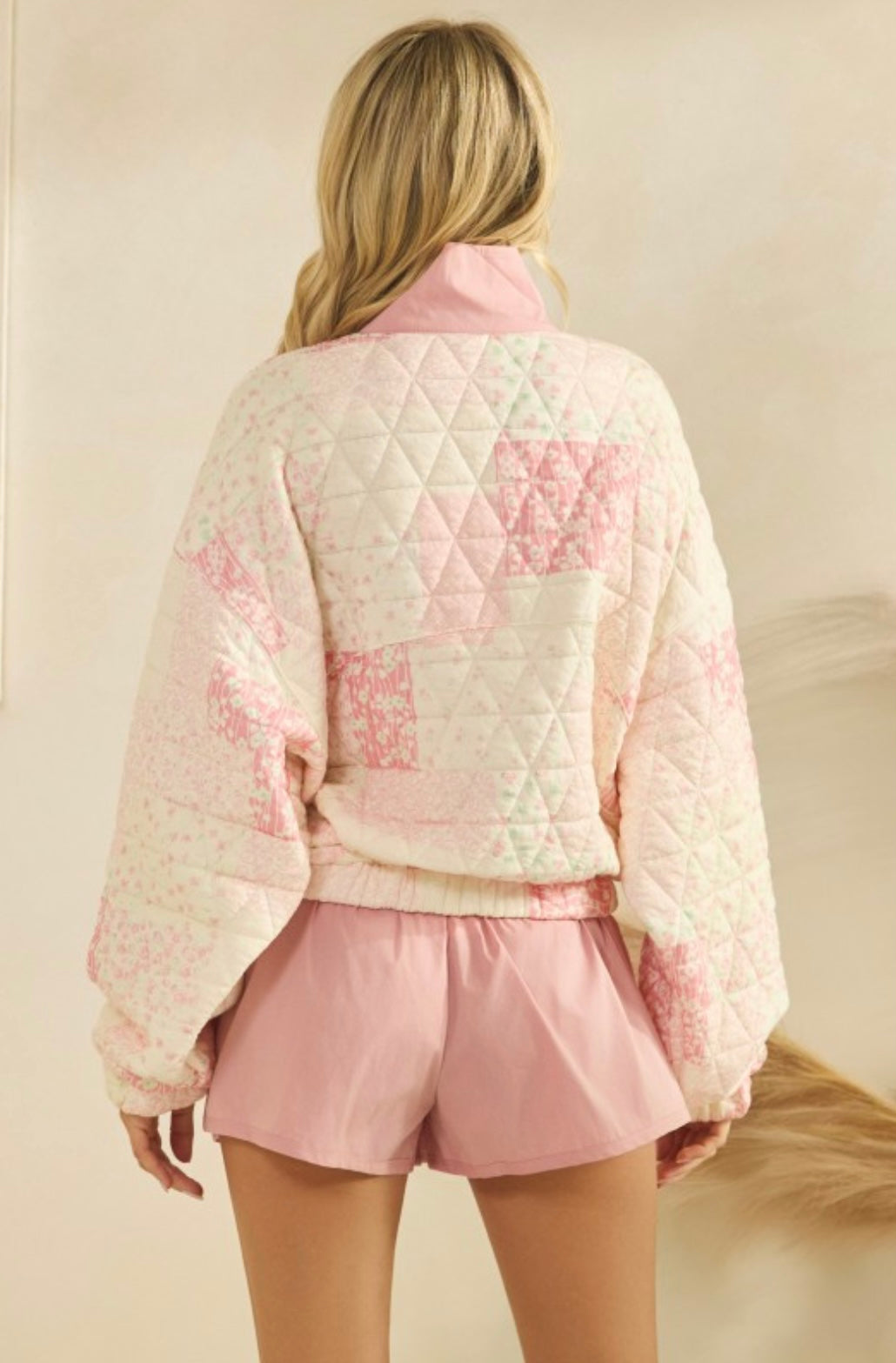 Pink Floral Patchwork Quilted Pullover