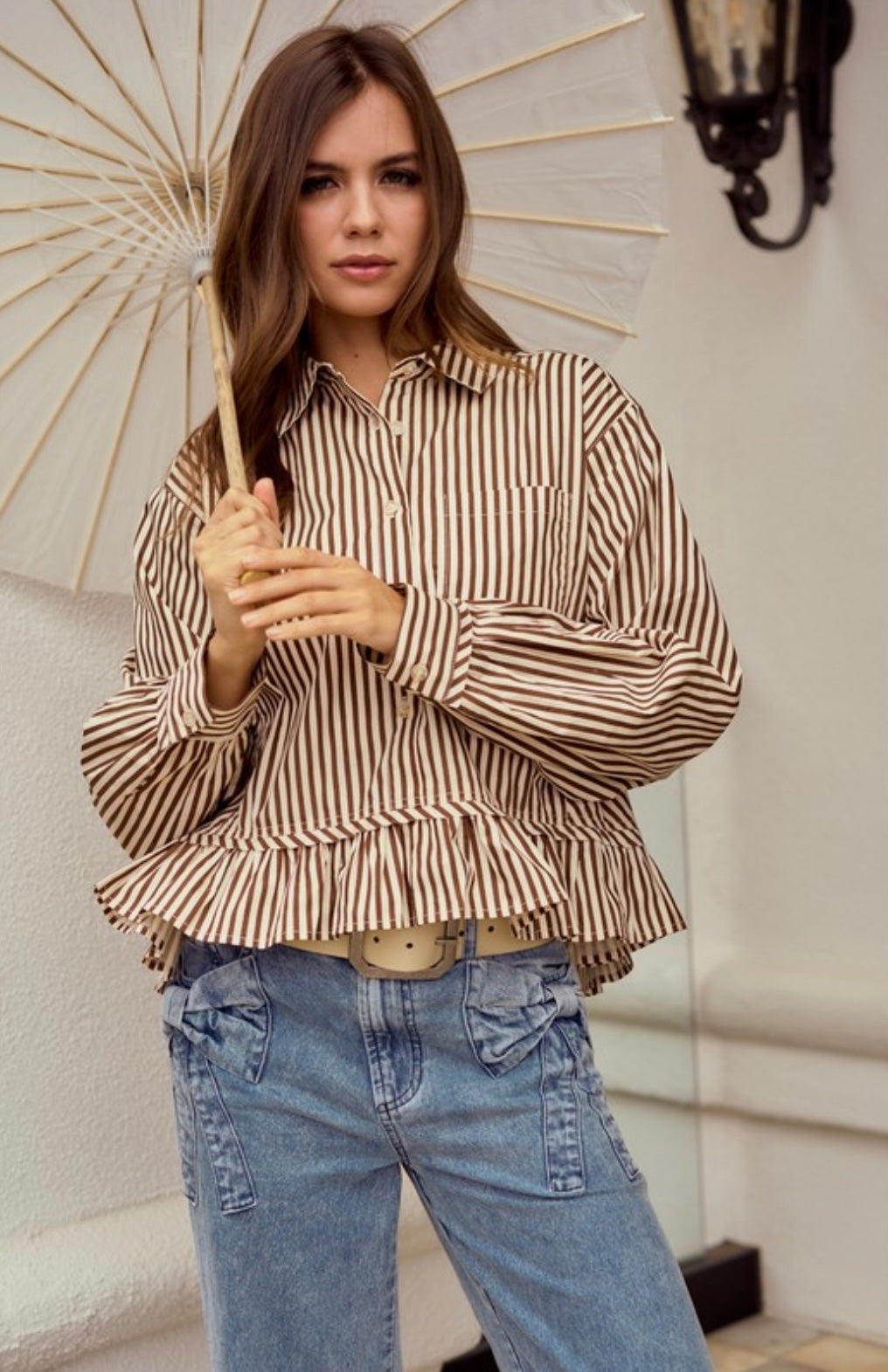 Striped Raglan Puff Sleeve Shirt