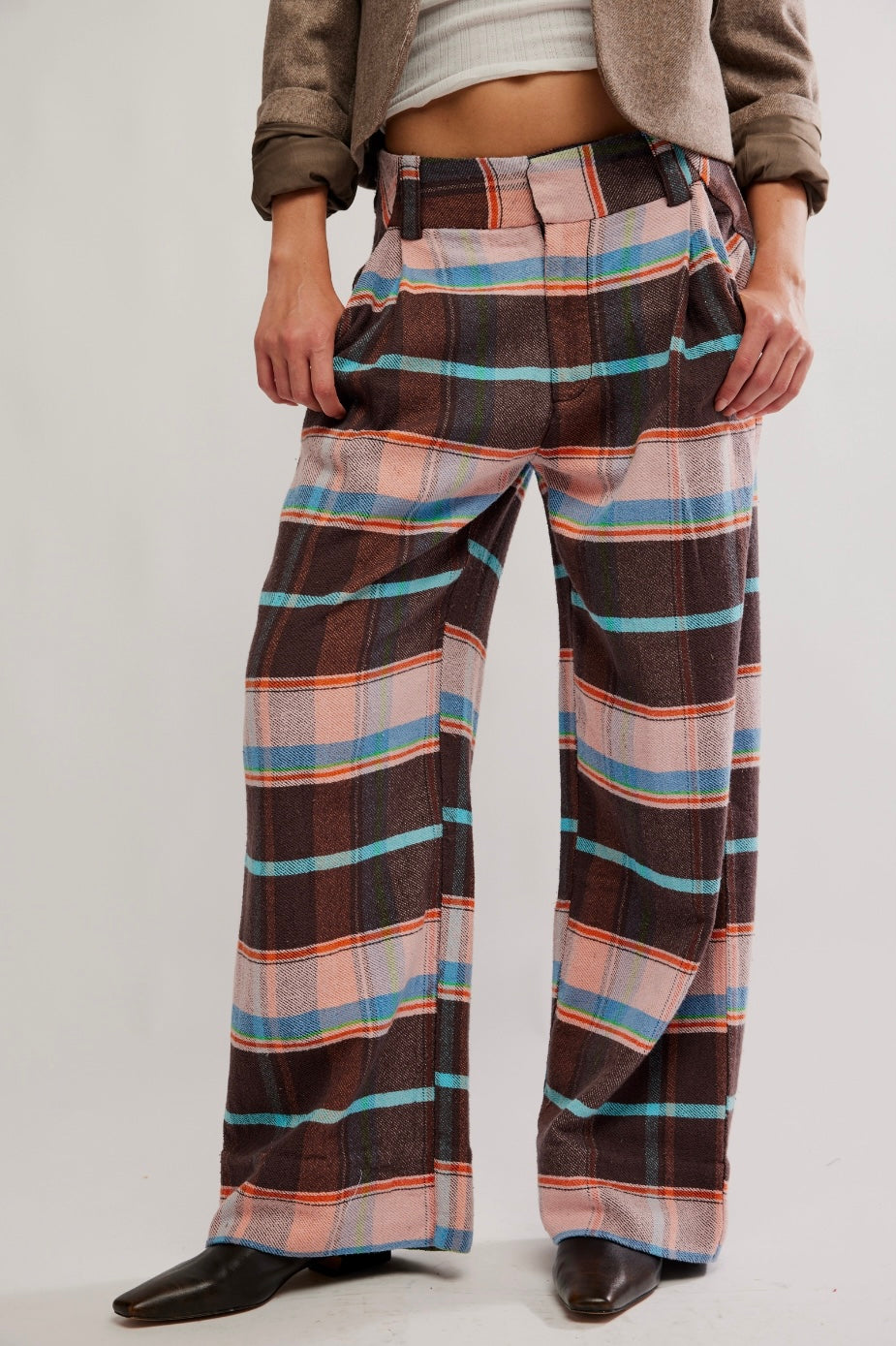Free People Buckle Back Plaid Trousers