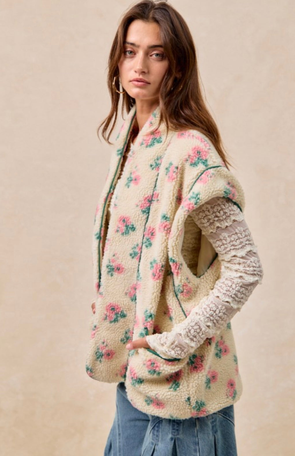 Floral Print Drop Shoulder Fleece Vest With Patch Pockets