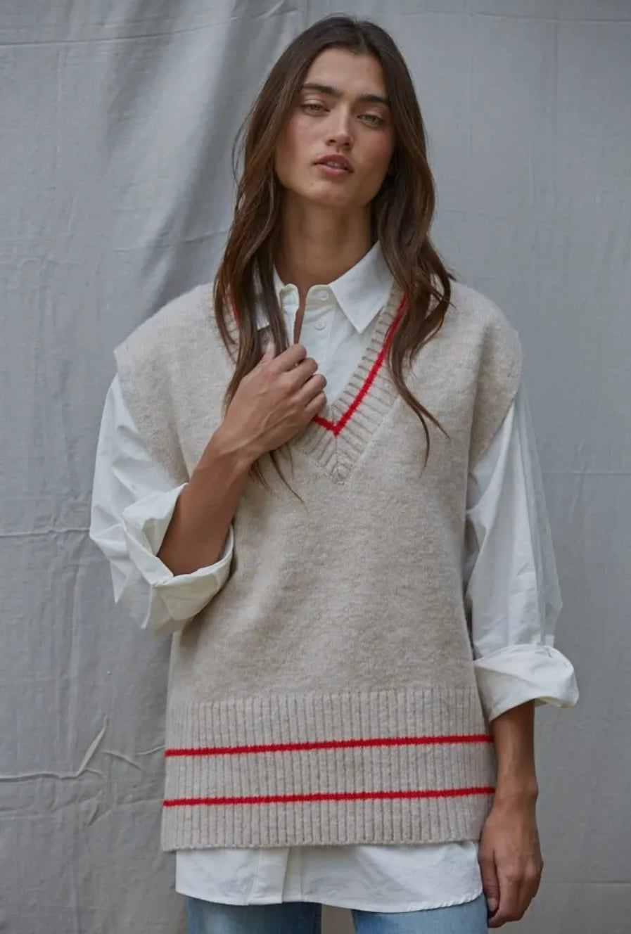 Knit Sweater Vest Top With Pinter Striped Detail
