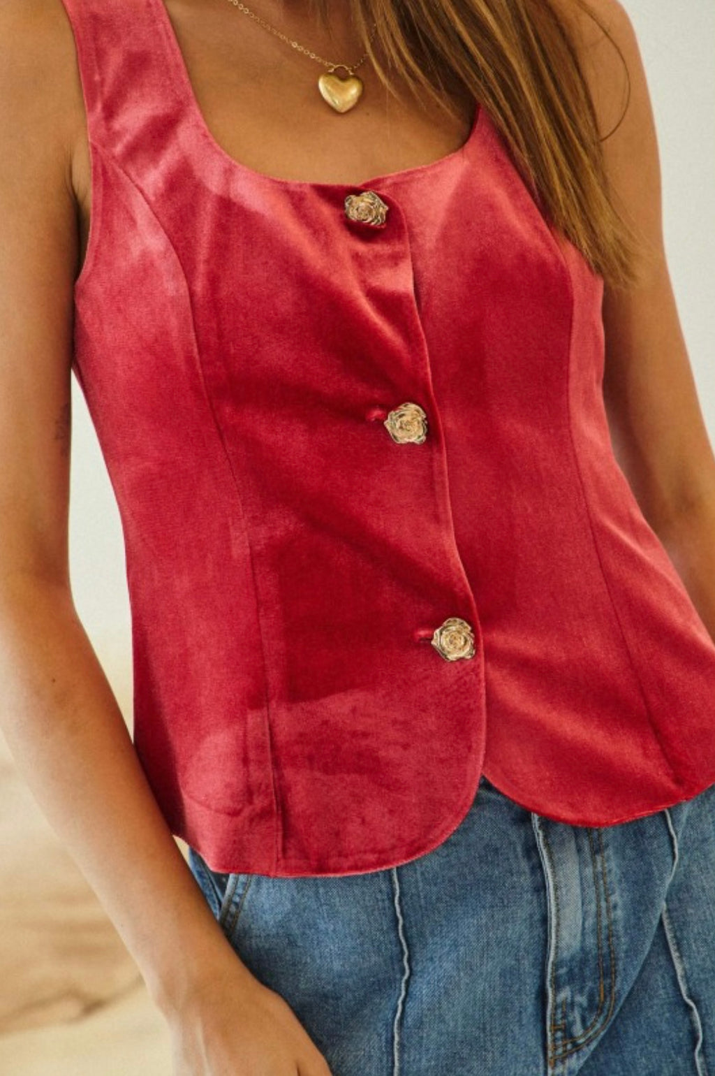 Luxe Velvet Rose Button Vest