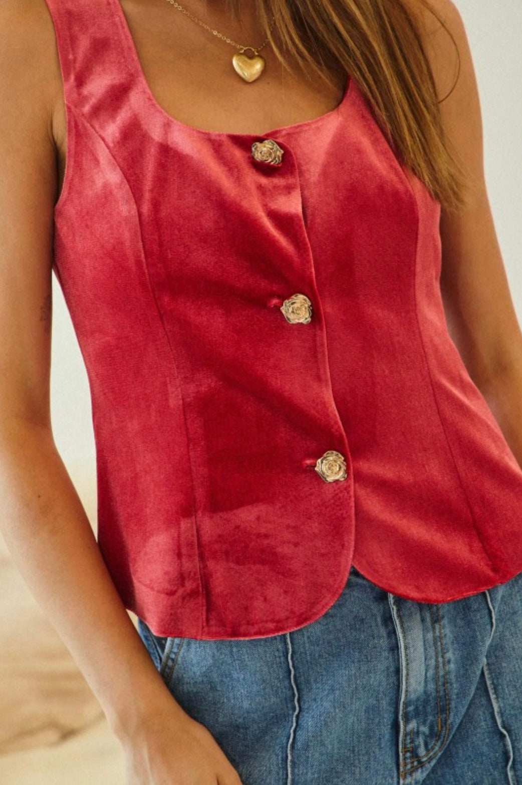 Luxe Velvet Rose Button Vest