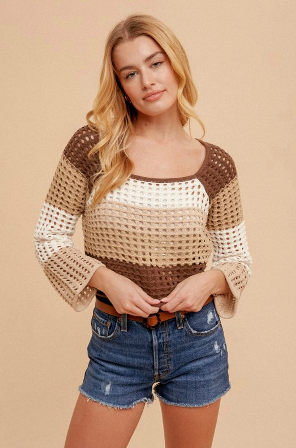 Brown Crochet Color Block Crop Sweater