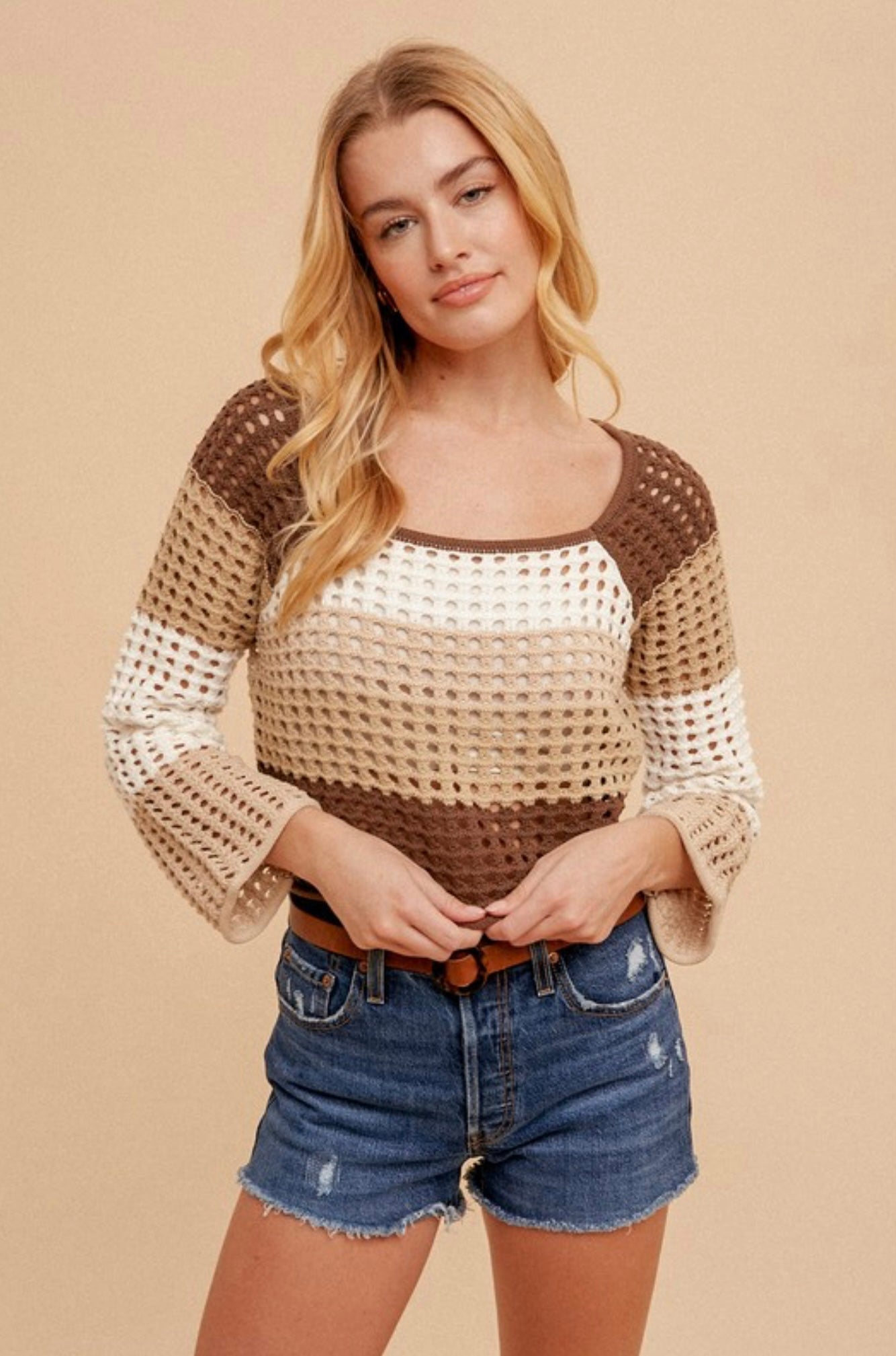 Brown Crochet Color Block Crop Sweater