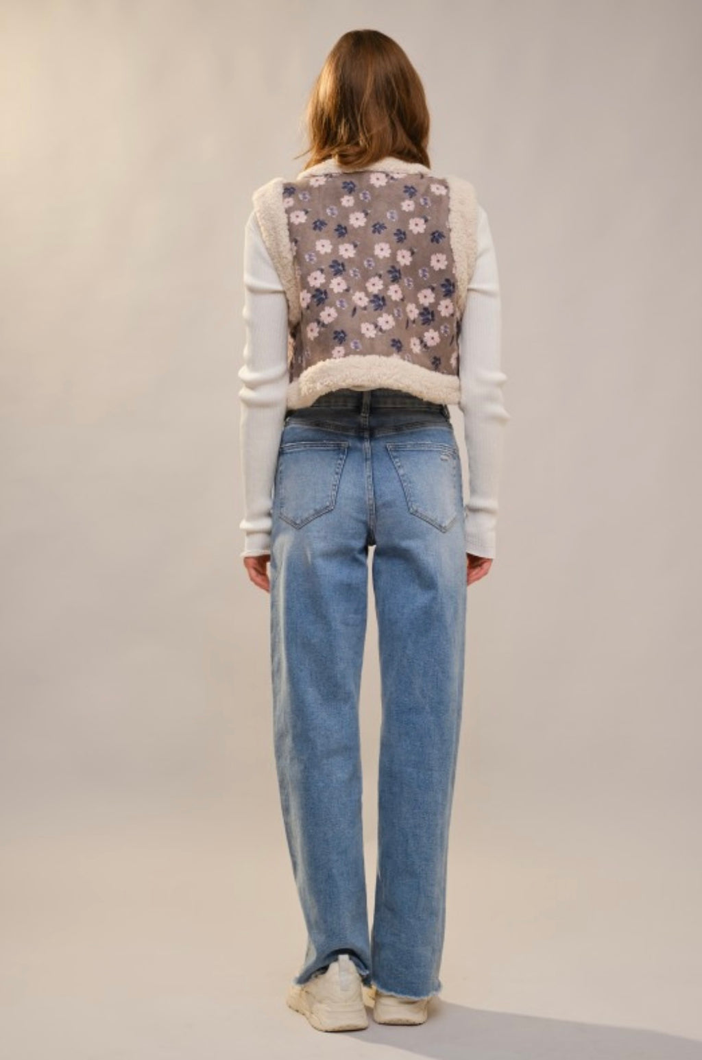 Sherpa Lining Flower Print Faux Suede Vest