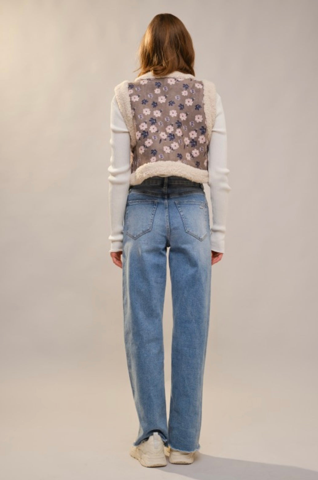 Sherpa Lining Flower Print Faux Suede Vest