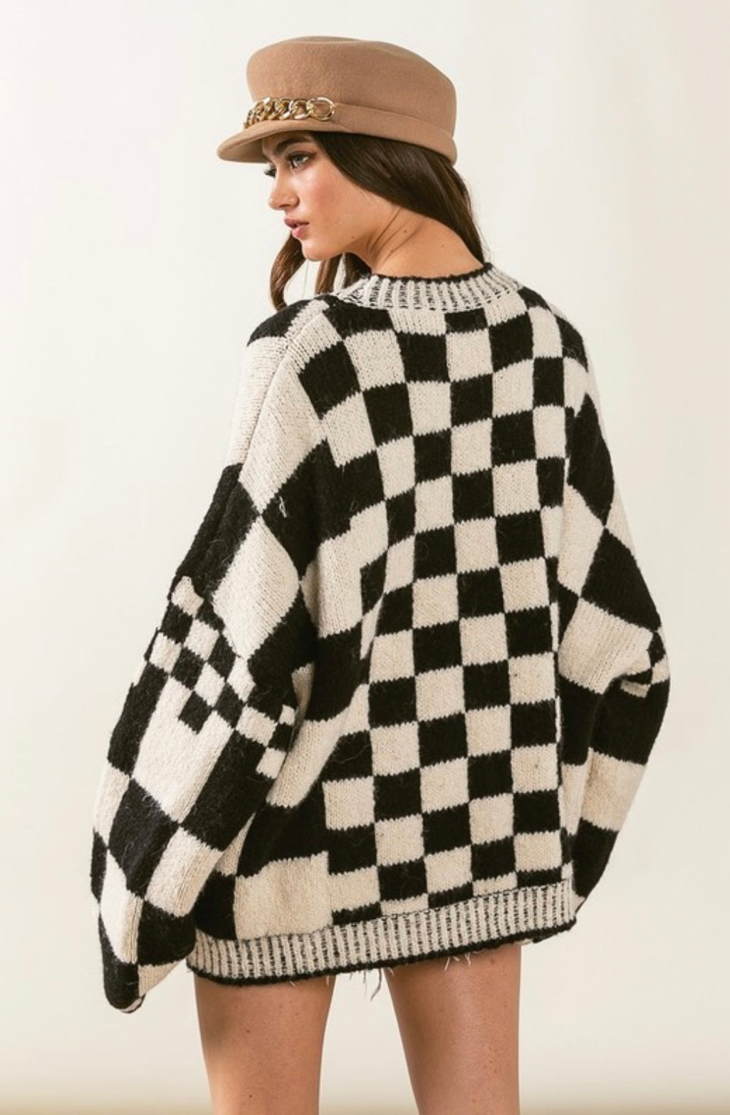 Patch Pockets Checkered Sweater Cardigan