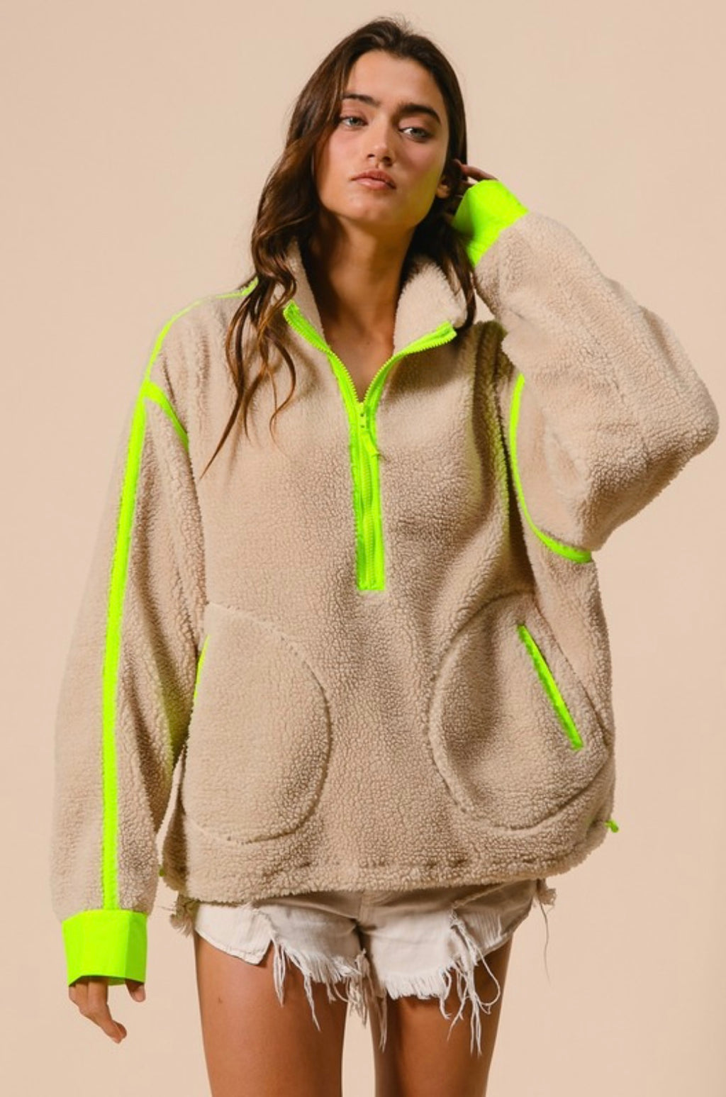 Contrast Edge Half Zip Up Sherpa Jacket With Pockets